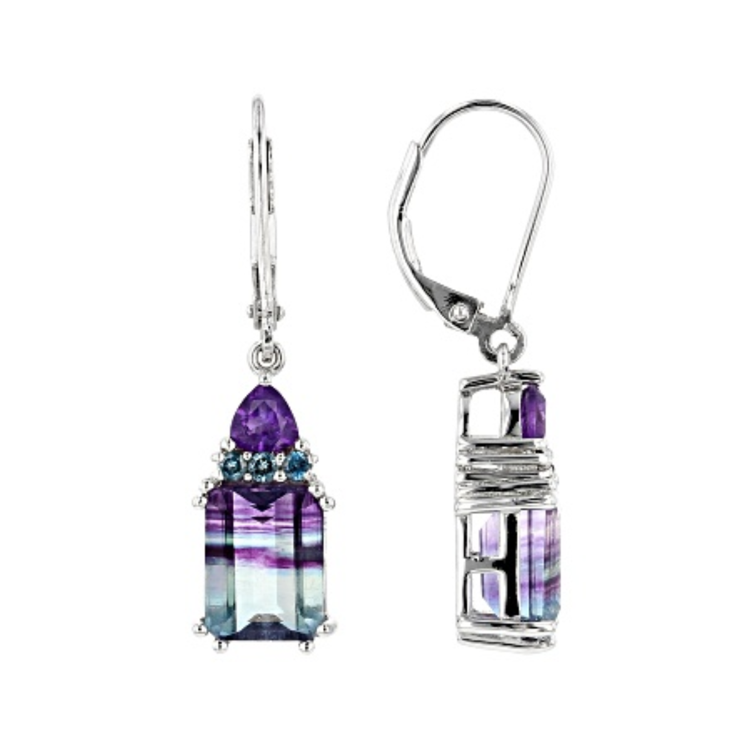 Aretes con Fluorita, Topacio Azul Londres y Amatista en Baño de Rodio sobre Plata Esterlina (4.25 cttw)
