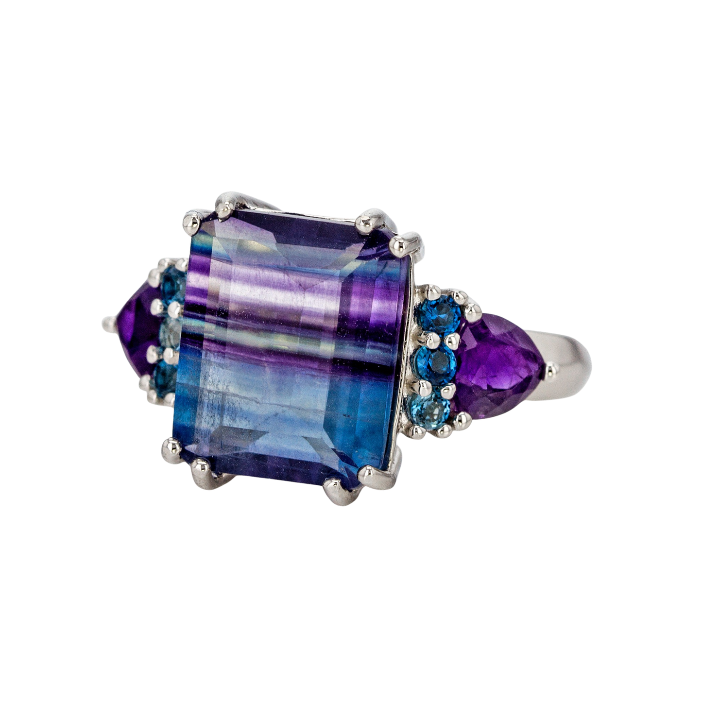 Anillo con Fluorita Bicolor, Amatista y Topacio Azul Londres en Baño de Rodio sobre Plata Esterlina (6.41 cttw)
