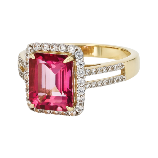 Anillo con Topacio Rosa y Zirconia Blanca en Baño de Oro Amarillo 18K sobre Plata Esterlina (3.73 cttw)