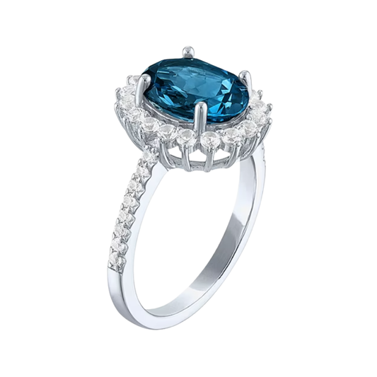 Anillo Lady Di Topacio London Blue y Zafiro Blanco de Laboratorio En Plata