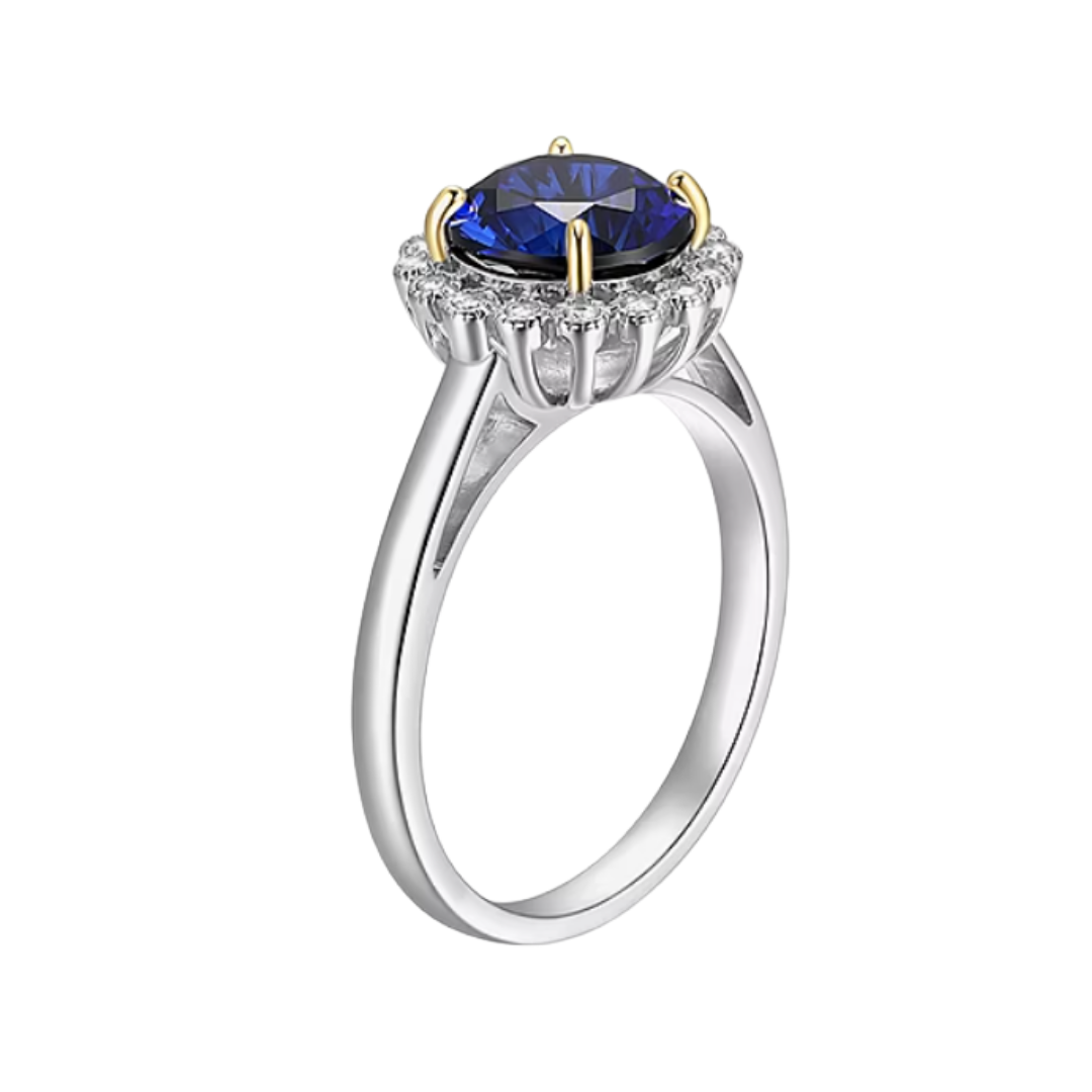 Anillo Halo Zafiro Azul de Laboratorio en Plata