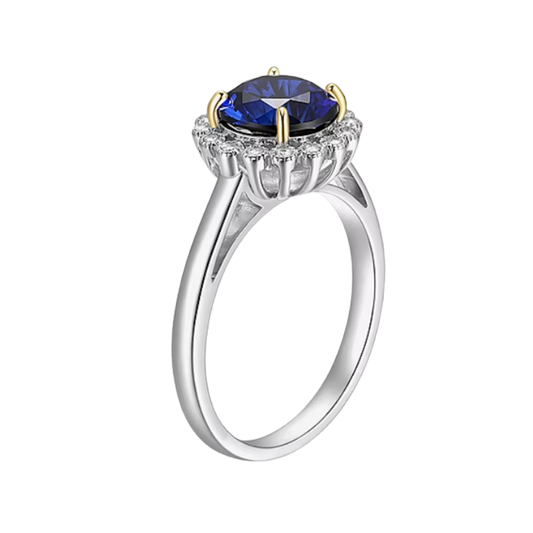 Anillo Halo Zafiro Azul de Laboratorio en Plata