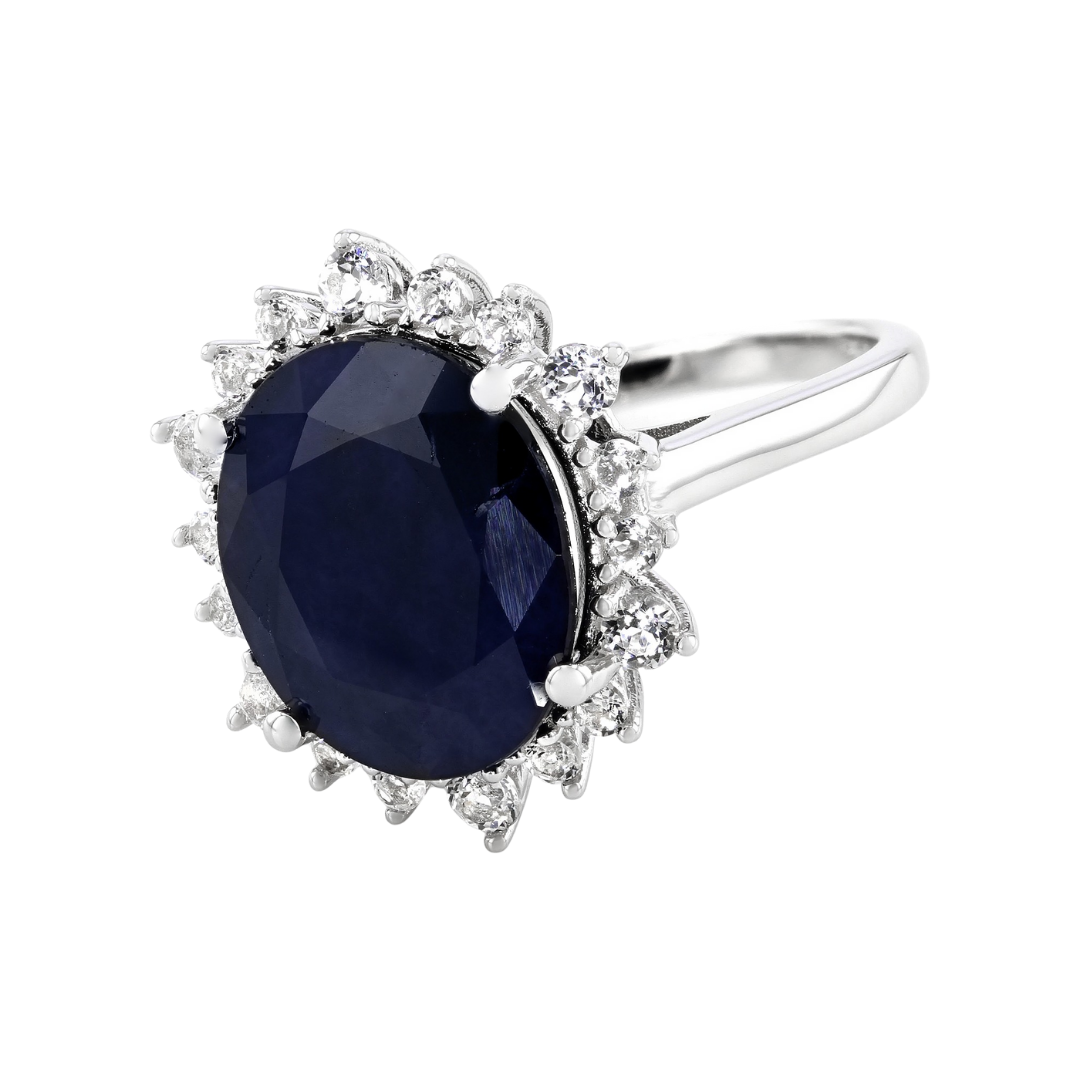 Anillo Zafiro Azul Natural y Topacios Blancos En plata con baño de Rodio 8.61cttw
