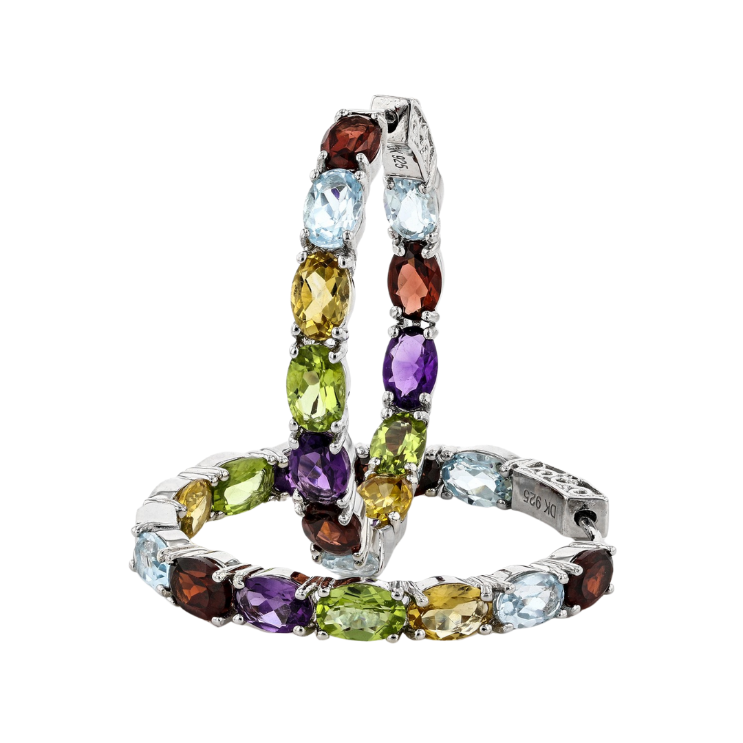 Aretes Arracadas 10.88cttw Multi Gemas Plata con Baño de Rodio
