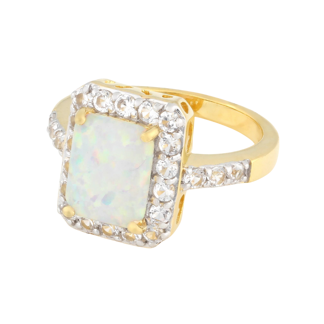 Anillo Ópalo de Laboratorio y Zafiro Blanco de Laboratorio en Plata con Baño de Oro 18k