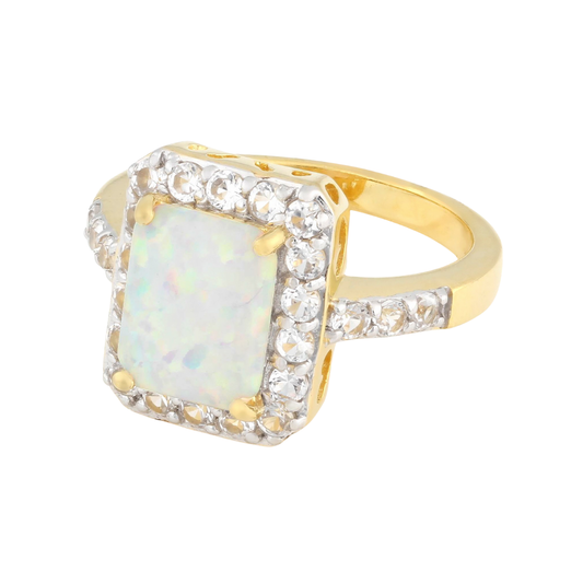 Anillo Ópalo de Laboratorio y Zafiro Blanco de Laboratorio en Plata con Baño de Oro 18k