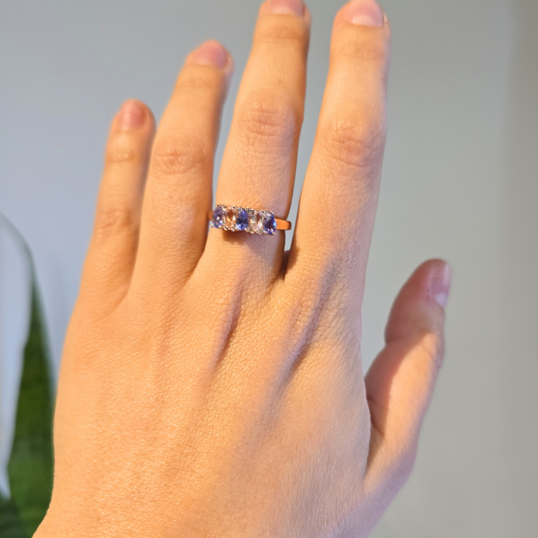 Anillo Morganita y Tanzanita, Circón Blanca Plata con Baño de Oro Rosado 18k