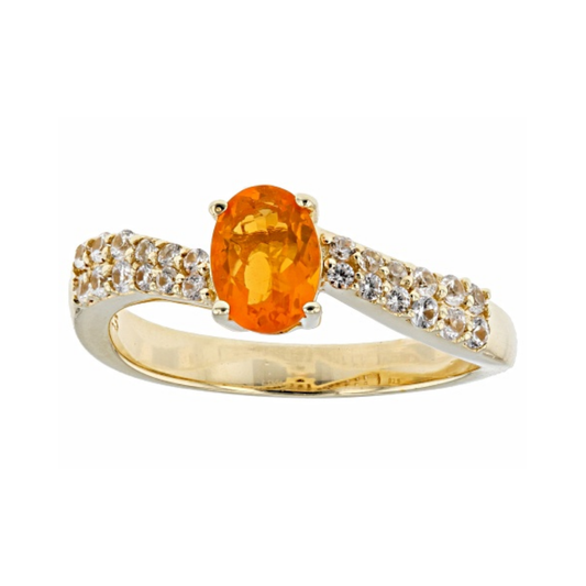 Anillo Ópalo Mexicano Circón Blanco en Plata con Baño de Oro 18k