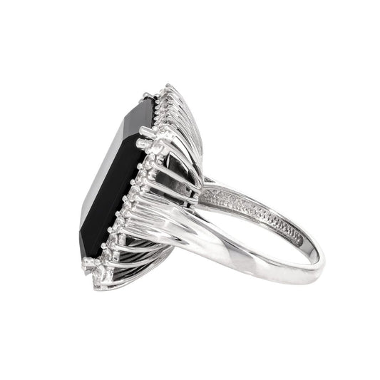 Anillo Espinela Negra 15.3 cttw con Zafiro Blanco de Laboratorio en Plata con baño de Rodio