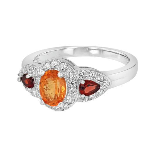 Anillo Granate Mandarin y Rojo en Plata con baño de Rodio