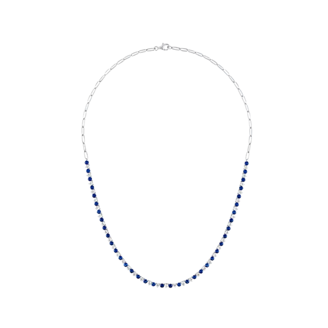 Collar Tennis Zafiro de Laboratorio Azul y Blanco en Plata 18 In