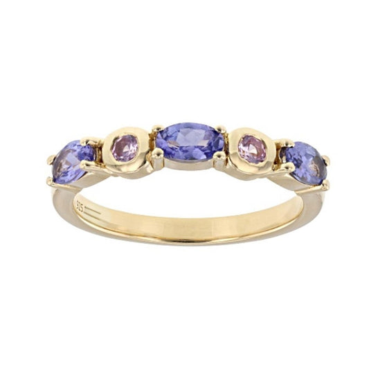 Anillo Tanzanita y Zafiro Rosa de Laboratorio en Plata con Baño de Oro 18k