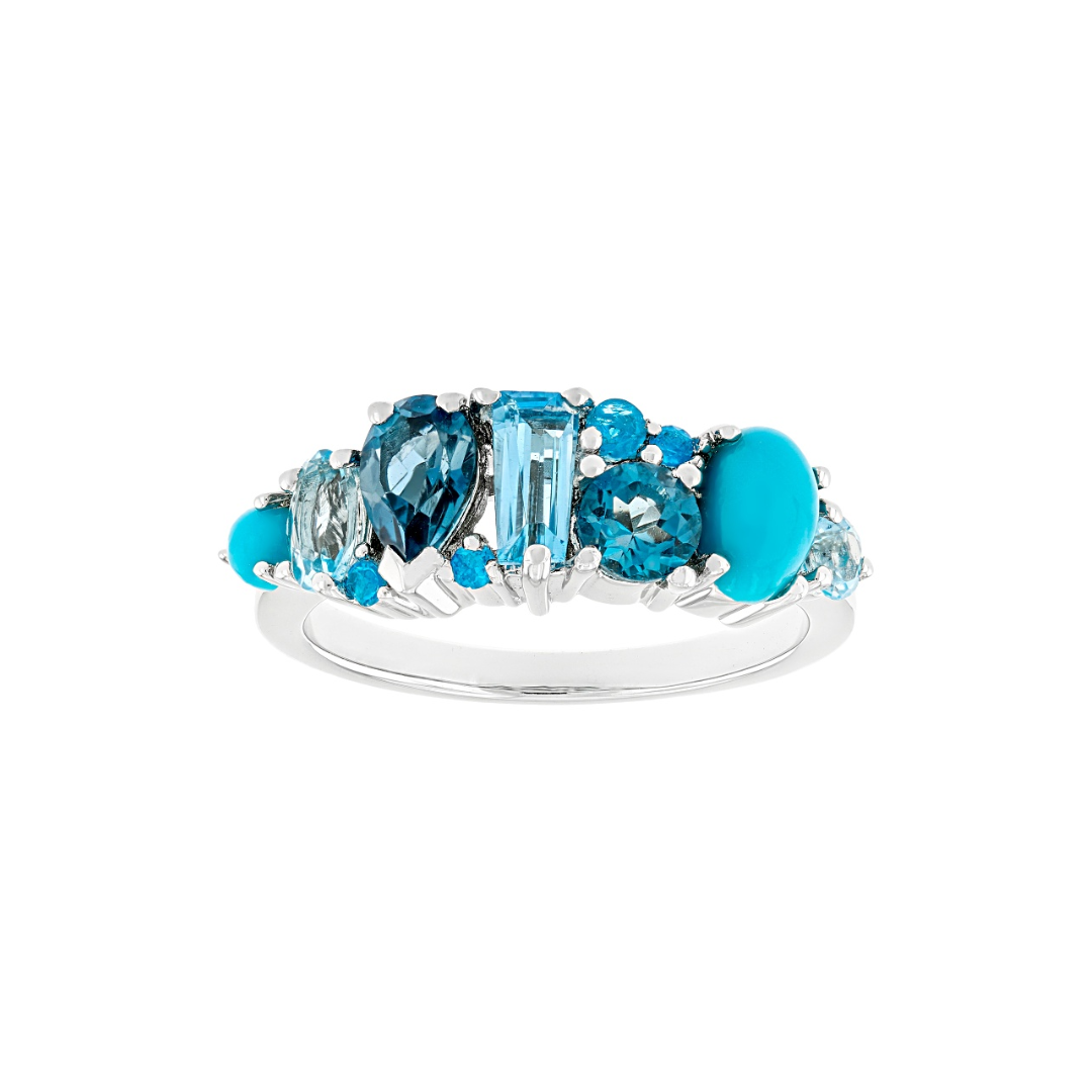 Anillo Cluster Topacio, Turquesa, Apatito 1.33cttw en Plata con Baño de Platino
