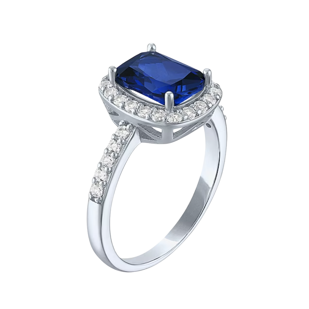Anillo Enlongated Cushion Halo Zafiro Azul y Blanco de laboratorio en Plata