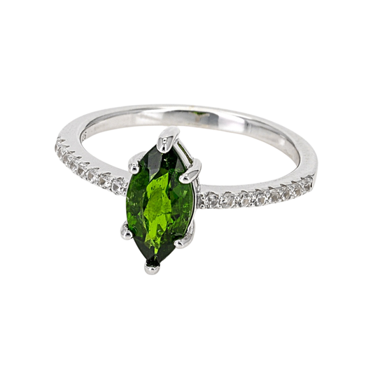 Anillo Diopsidio Verde Cromo 1.19cttw Circón Plata con Baño de Rodio