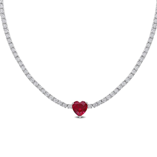 Collar Tennis Zafiro Blanco de Laboratorio con Gema Principal de Laboratorio en Plata (Rubí/Esmeralda)