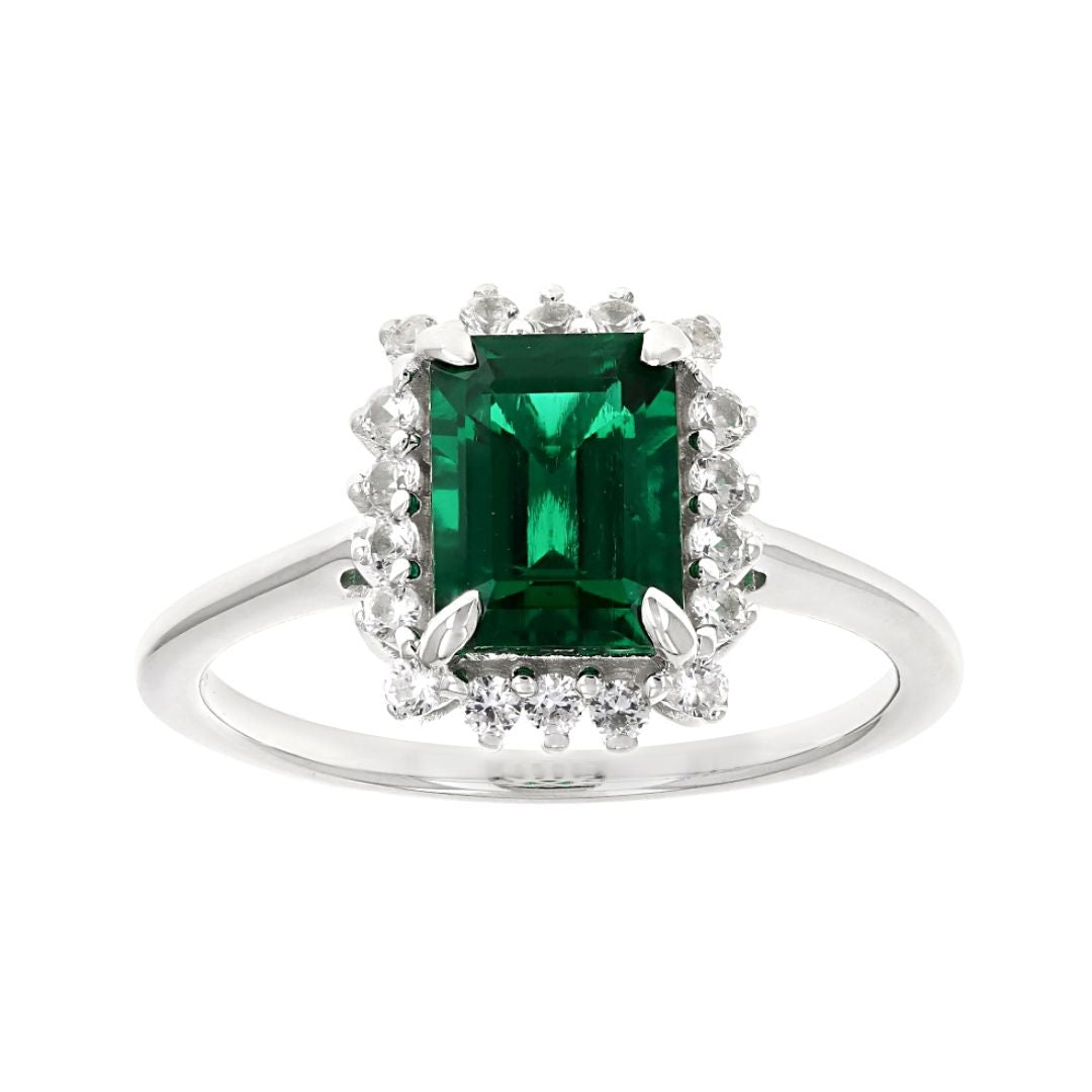 Anillo Esmeralda de Laboratorio 1.48ctw en Plata con baño de Rodio