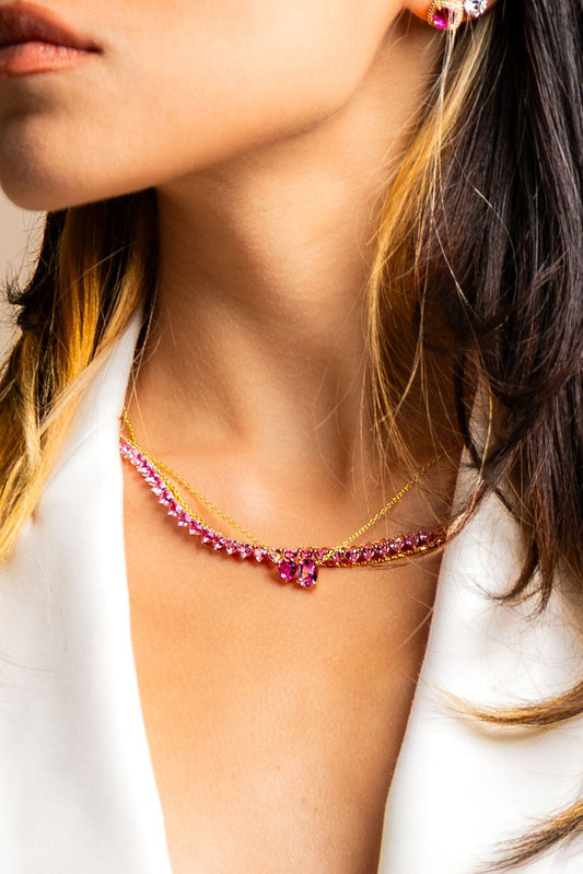 Collar Tennis de zafiro de laboratorio corazones rosas (31.5 ct. tw.) en Plata Esterlina bañada en rosa (18”)