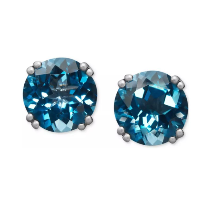 Aretes tipo stud con topacio London Blue en oro blanco 14K