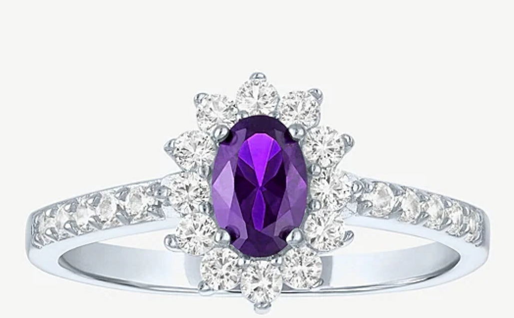 Anillo Amatista de Lab y Zafiro blanco de Lab en Plata
