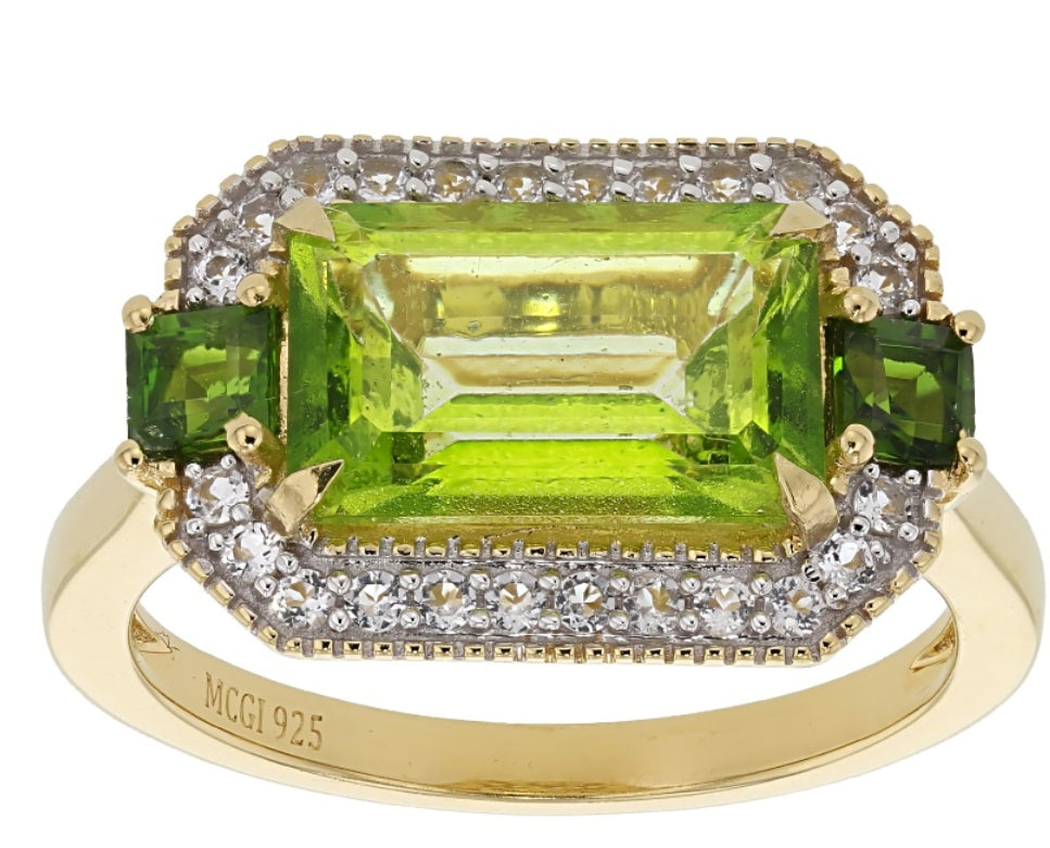 Anillo Topacio Verde, Diopsidio y Topacio Blanco en Plata con vaño de Oro