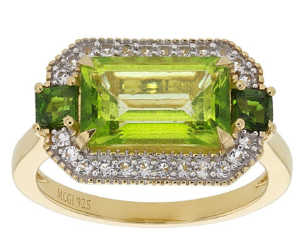 Anillo Topacio Verde, Diopsidio y Topacio Blanco en Plata con vaño de Oro