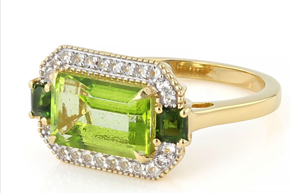 Anillo Topacio Verde, Diopsidio y Topacio Blanco en Plata con vaño de Oro