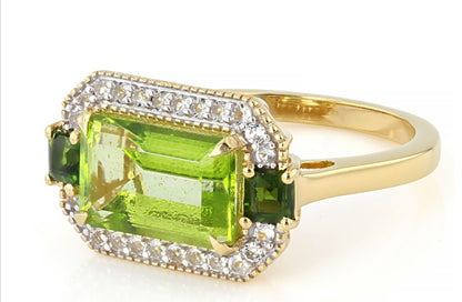 Anillo Topacio Verde, Diopsidio y Topacio Blanco en Plata con vaño de Oro