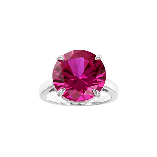 Anillo con Zafiro Rosa Redondo de Laboratorio en Baño de Rodio sobre Plata Esterlina (11.39 cttw)