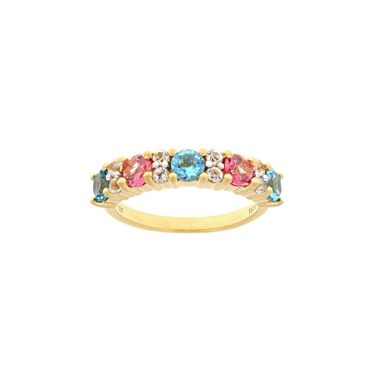 Anillo con Topacios Azules, Rosas y Blancos en Baño de Oro Amarillo 18K sobre Plata Esterlina (0.77 cttw)