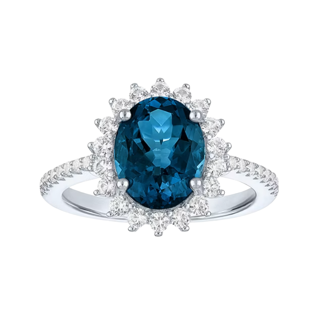 Anillo Lady Di Topacio London Blue y Zafiro Blanco de Laboratorio En Plata