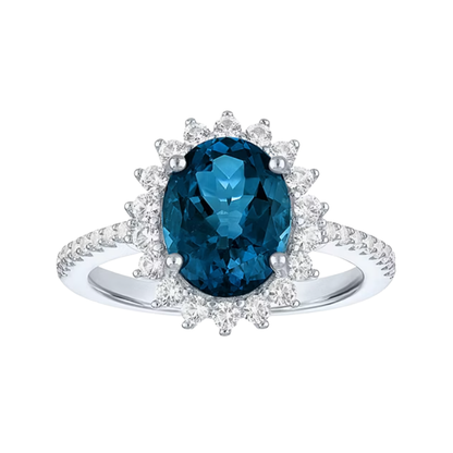 Anillo Lady Di Topacio London Blue y Zafiro Blanco de Laboratorio En Plata