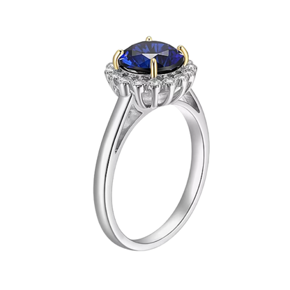 Anillo Halo Zafiro Azul de Laboratorio en Plata