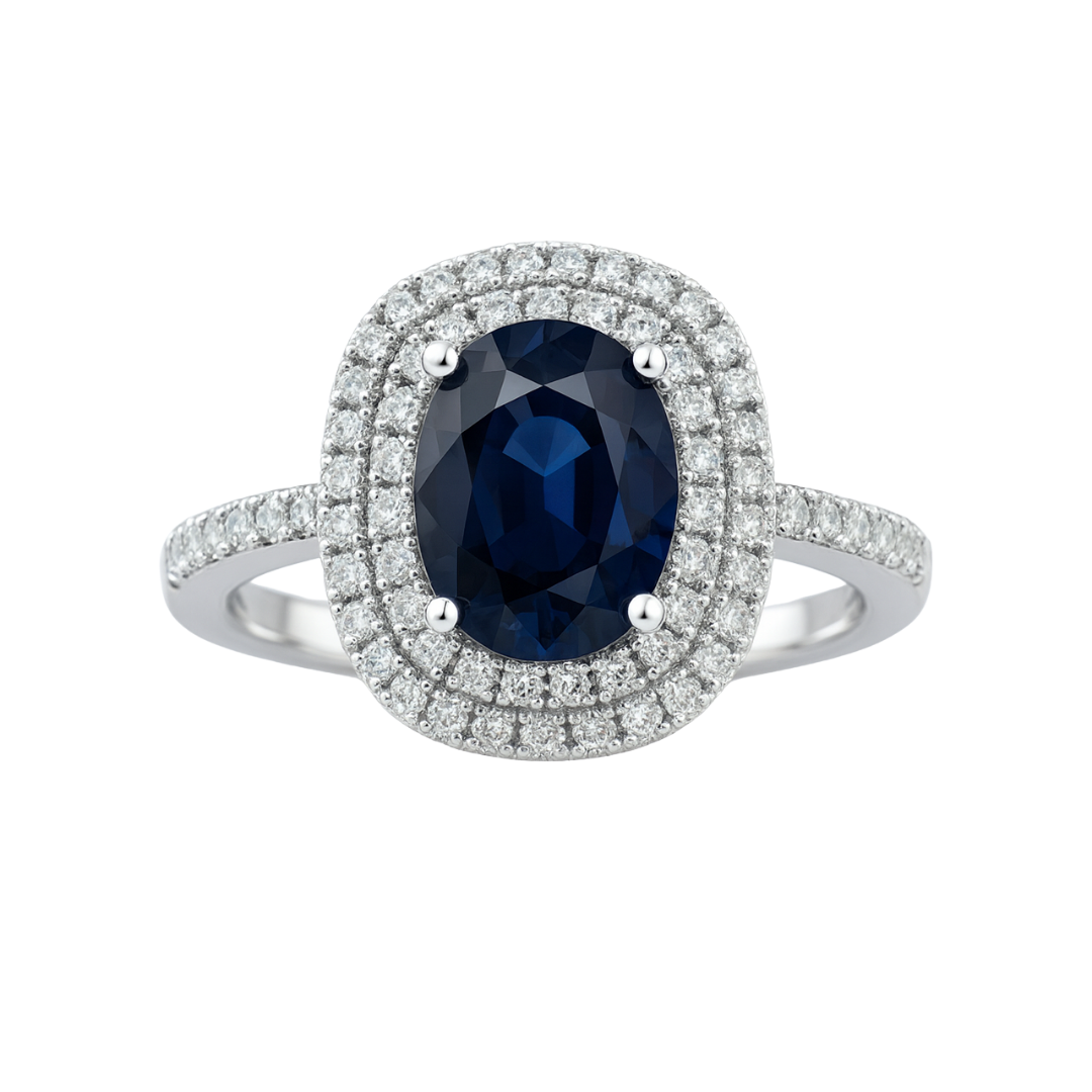 Anillo Zafiro Azul y Diamantes Naturales en Oro 10k