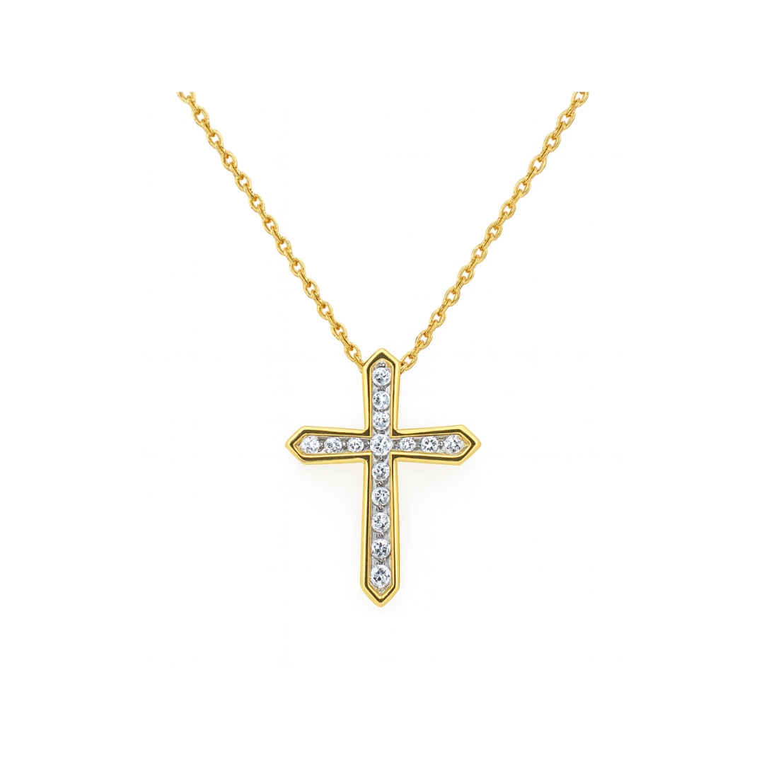 Collar Cruz Diamantes de Laboratorio en Plata con Baño de Oro 14k 18"
