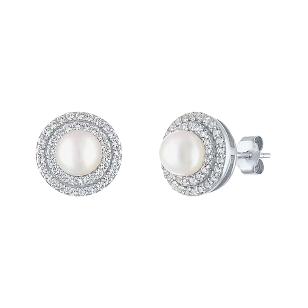 Aretes tipo stud con piedra natural y halo de zafiros blancos de laboratorio