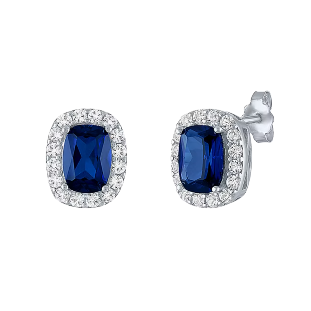 Aretes tipo stud con piedra de Laboratorio y zafiros blancos de laboratorio en Plata