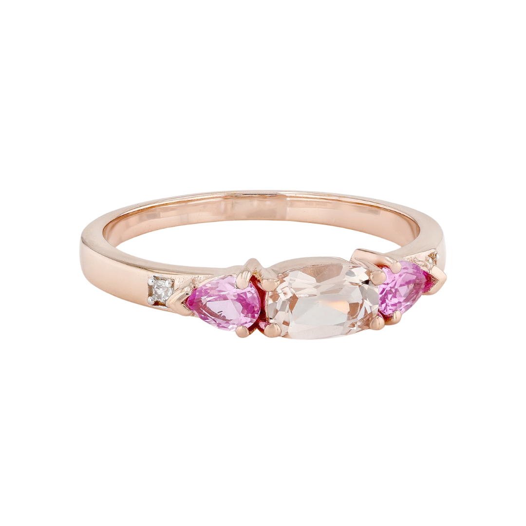 Anillo Morganita, Zafiro Rosa de Laboratorio y Circón Blanco en Plata con Baño de Oro 18k