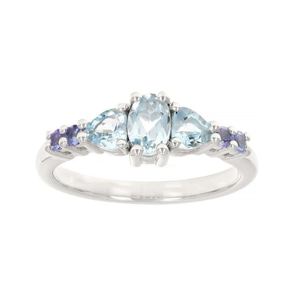 Anillo con Aguamarina y Tanzanita en Baño de Rodio sobre Plata Esterlina (0.84 cttw)