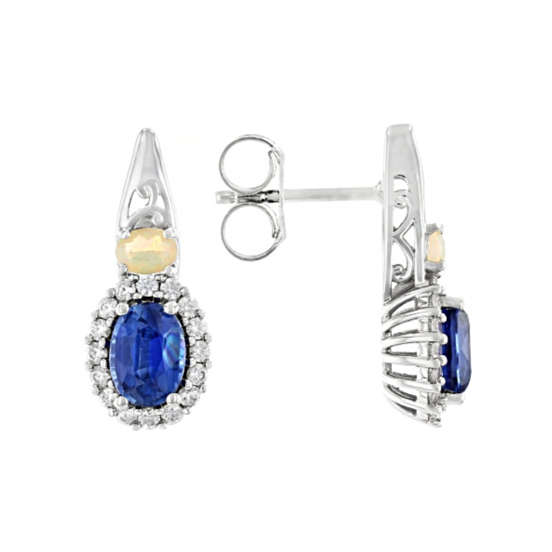Aretes 1.78 Cttw Cianita, Ópalo  Etiopía, Zirconia Blanca Plata con Baño de Rodio