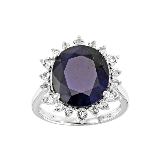 Anillo Zafiro Azul Natural y Topacios Blancos En plata con baño de Rodio 8.61cttw