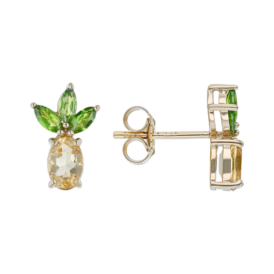 Aretes Studs Piña Citrino y Diopsidio en Plata con Baño de Oro 18k
