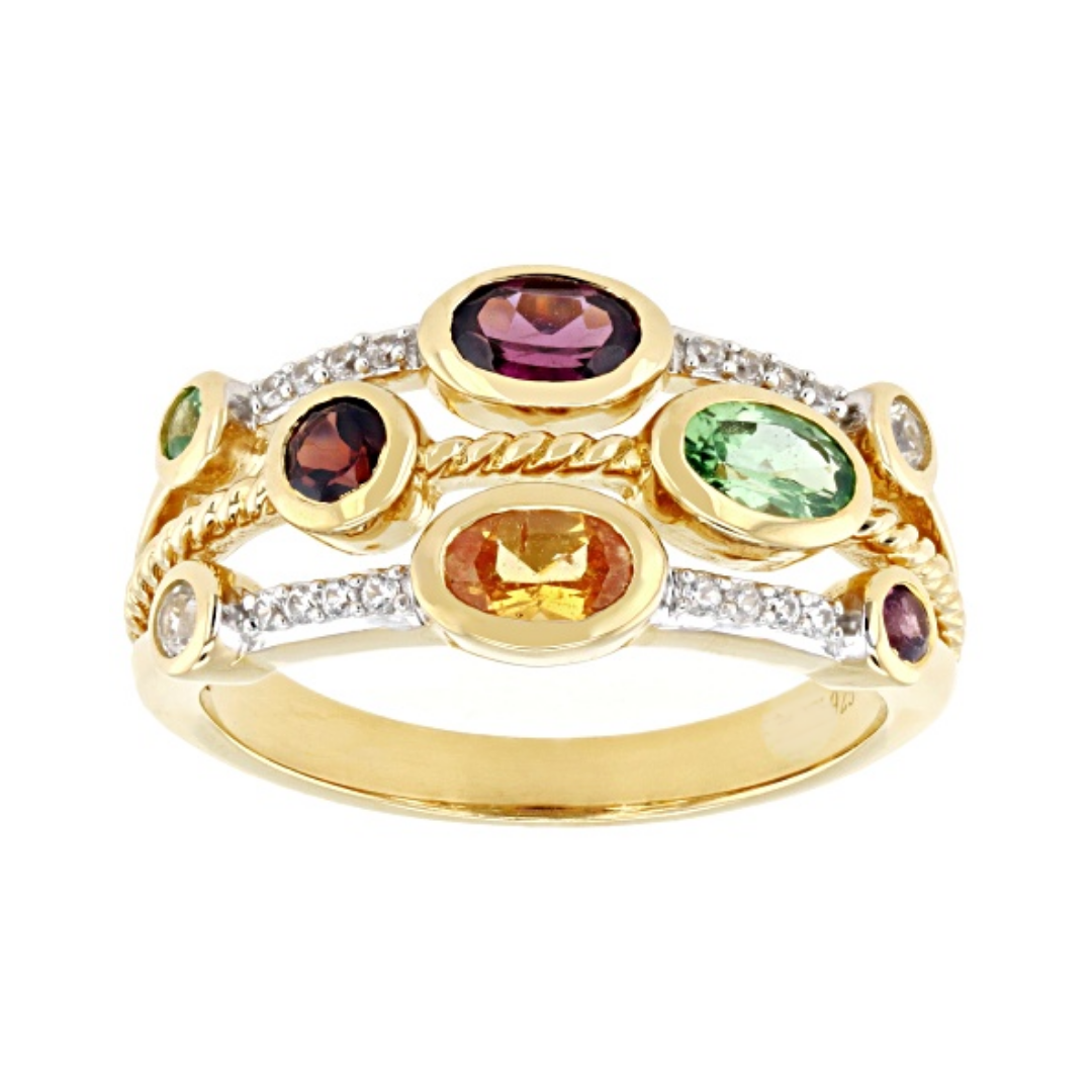 Anillo Multi Gemas con Circón Blanco 1.18 cttw Plata con Baño de Oro 18k