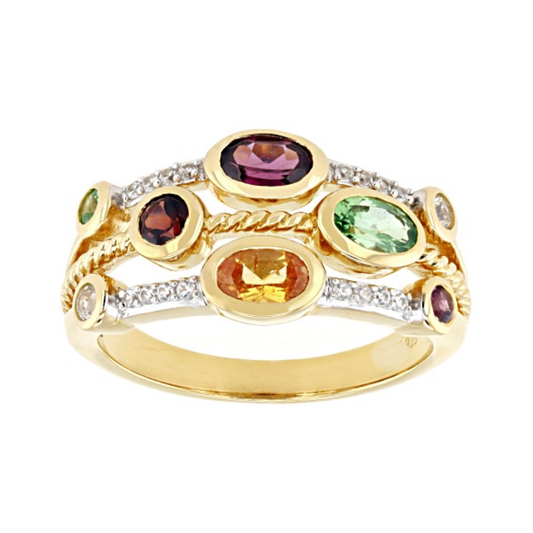 Anillo Multi Gemas con Circón Blanco 1.18 cttw Plata con Baño de Oro 18k