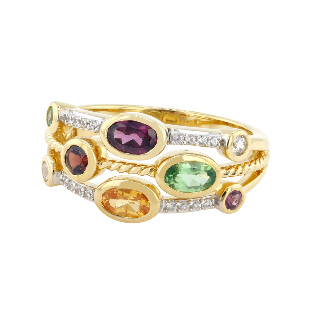 Anillo Multi Gemas con Circón Blanco 1.18 cttw Plata con Baño de Oro 18k