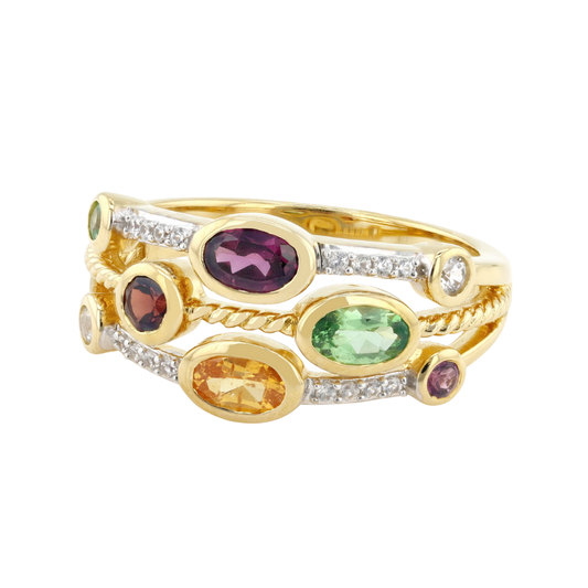 Anillo Multi Gemas con Circón Blanco 1.18 cttw Plata con Baño de Oro 18k