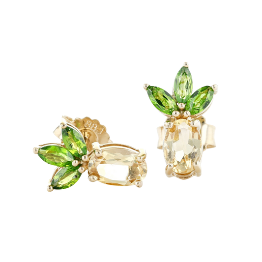 Aretes Studs Piña Citrino y Diopsidio en Plata con Baño de Oro 18k