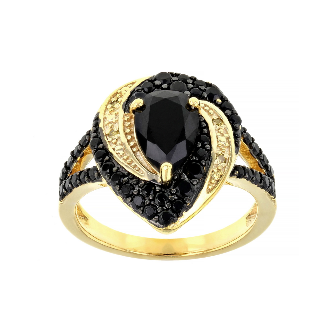 Anillo Espinela Negra 1.84 cttw en Plata con Baño de Oro 18k