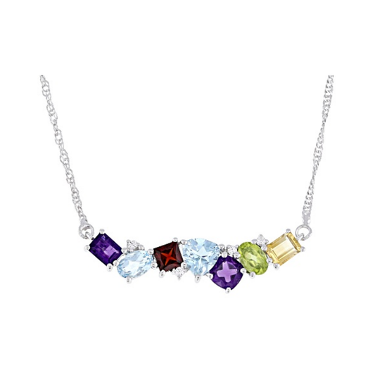 Collar Rainbow Multi-Gemas 3.39cttw En Plata con Baño de Rodio