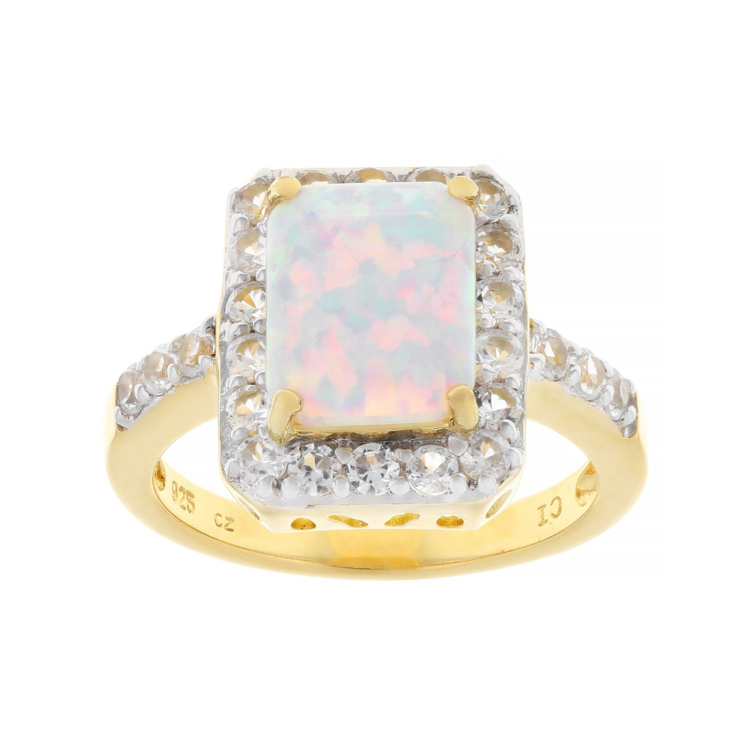 Anillo Ópalo de Laboratorio y Zafiro Blanco de Laboratorio en Plata con Baño de Oro 18k
